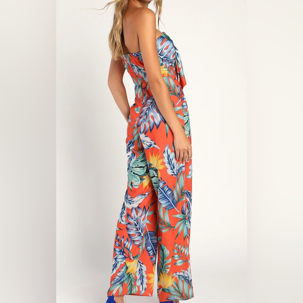 Lulu's Leaf Print Jumpsuit Luxe Luau Orange Tropical Print Strapless Tie-Front - Picture 2 of 7